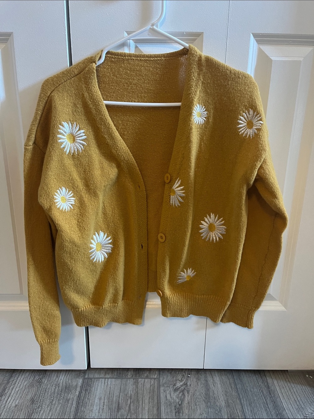 Daisy-Embroidered Mustard Cardigan Sweater